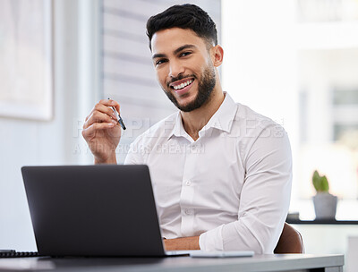 Buy stock photo Portrait, smile and business man with laptop in office for management, planning and proposal. Face, confidence and happy Mexican male manager online for report, review and creative web design idea