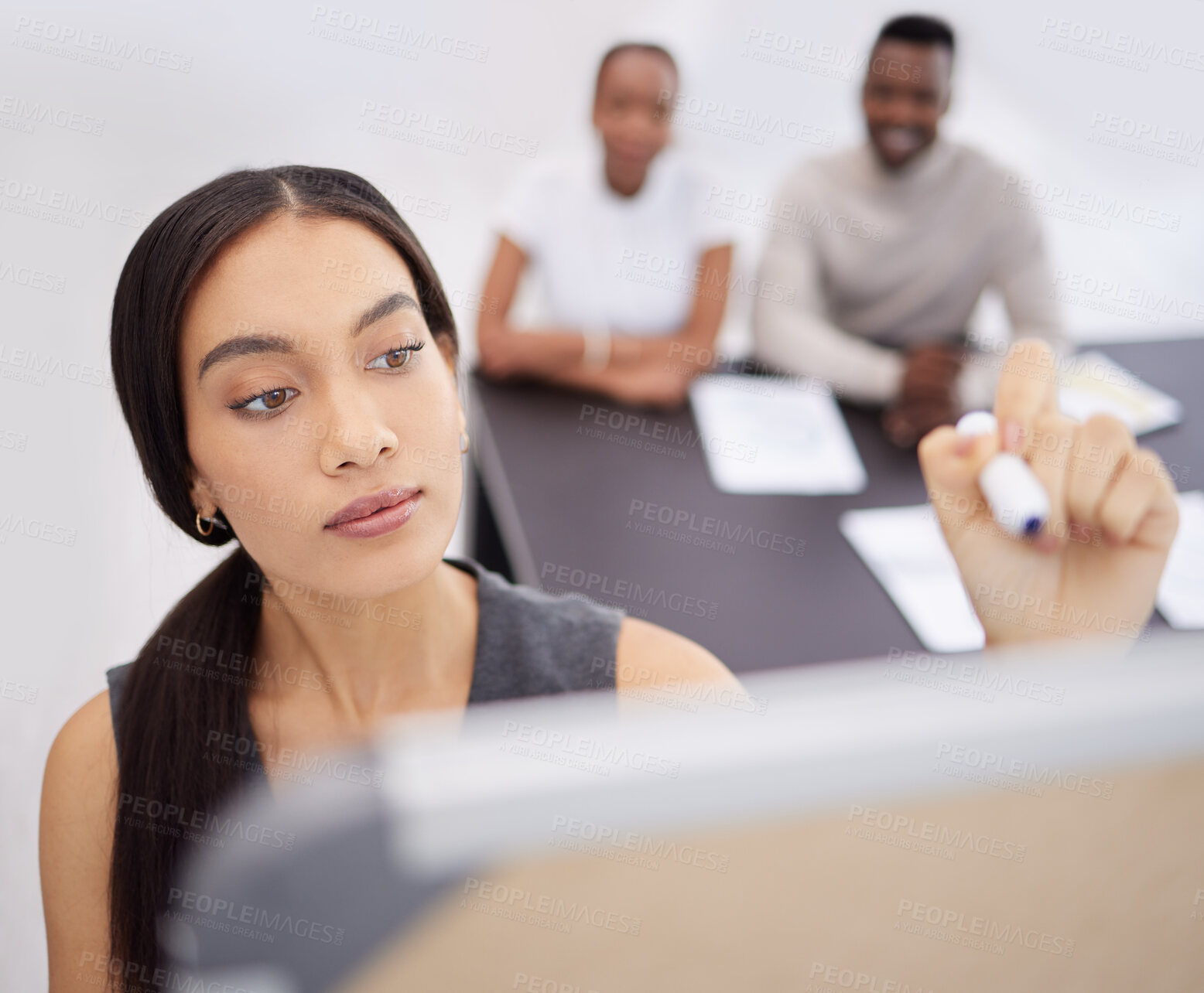 Buy stock photo Woman, face and writing on board, presentation and brainstorming with team leader, speaker and workshop. Collaboration, meeting with business people and planning with project management and notes