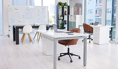 Buy stock photo Presentation, workspace and conference room with table and whiteboard, interior of business office of company. Still life, meeting space for innovation and ideas with furniture in professional setup