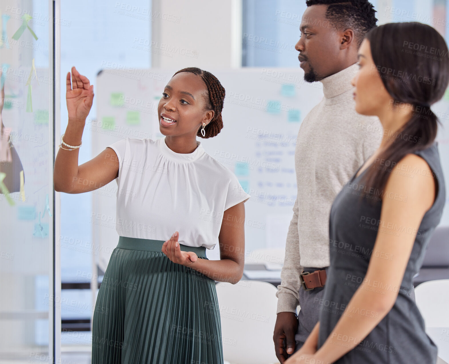 Buy stock photo Black woman leader, team and brainstorming, ideas on glass board and strategy with our vision and agenda. Collaboration, presenter at meeting with business people and plan with project management