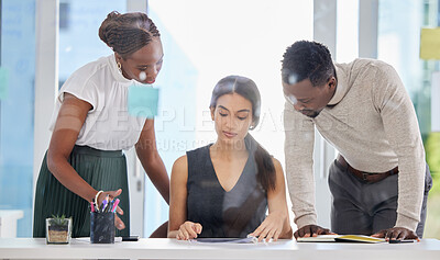 Buy stock photo Business people, paperwork and teamwork at desk for solution, planning and collaboration in office. Colleagues, diversity and talking on documents or report, accountants and finance agency for budget