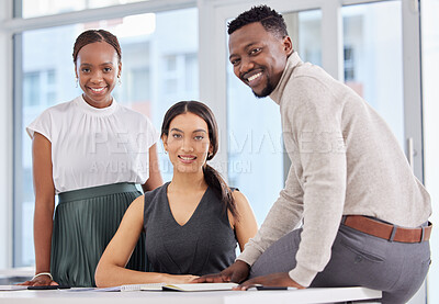 Buy stock photo Business people, paperwork and teamwork at desk for portrait, planning and collaboration in office. Colleagues, diversity and proud of support on project, accountants and finance agency for budget