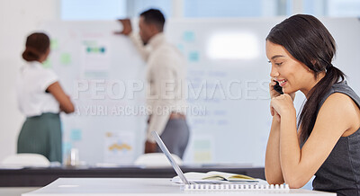 Buy stock photo Businesswoman, phone call and laptop with charts teamwork for company growth, market research or networking. Female person, conference room and whiteboard statistics or finance, graphs or analytics