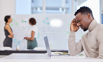 Buy stock photo Stress, headache and man with project in office on laptop problem solving, mistake or fail in report. Burnout, fatigue and angry businessman reading email with anxiety or frustrated by online error