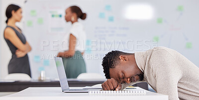 Buy stock photo Office, black man at desk sleeping with laptop and burnout, overworked on business project with stress and fatigue. Sleep, work and tired African businessman with computer and paperwork at startup.