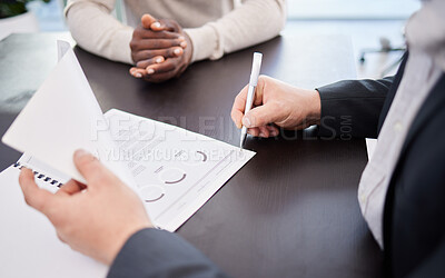 Buy stock photo Accounting, documents and hands of business people in office meeting for savings, budget and profit growth. Financial, compliance and men with paper portfolio for taxes, audit and strategy review