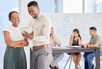 Buy stock photo Man, woman and tablet for planning presentation with smile for teamwork, discussion and proposal. Business partnership, touchscreen and ready to pitch for capital, investment and ideas for startup