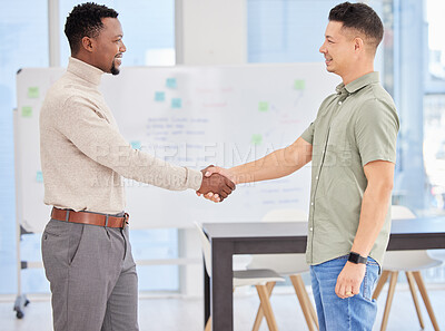 Buy stock photo Men, handshake and teamwork in office for meeting, thank you and welcome support or networking. Partners, workplace and employees for agreement on business deal, recruitment and b2b for merger offer