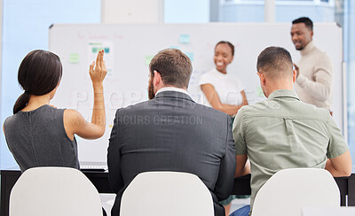 Buy stock photo Crowd, raised hands and workshop in office with questions, feedback or discussion with presenter by whiteboard. Women, men and diversity in workplace with board, yes and advice for business growth
