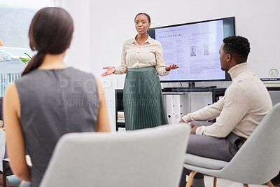 Buy stock photo Black woman, presentation and screen for business meeting in office, company agenda and mentor. Female person, teaching and coaching employees, mission and explaining to clients with info on monitor