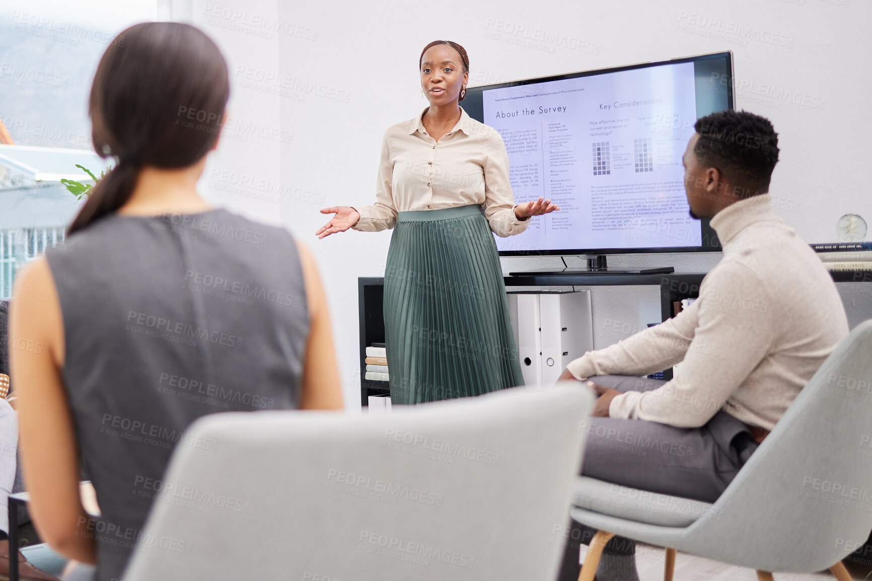 Buy stock photo Black woman, presentation and screen for business meeting in office, company agenda and mentor. Female person, teaching and coaching employees, mission and explaining to clients with info on monitor