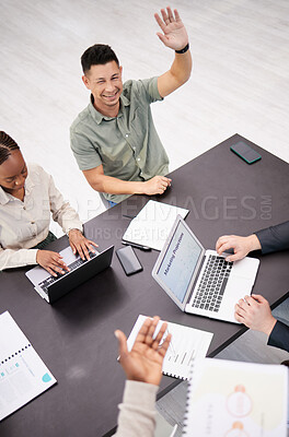 Buy stock photo Business people, meeting and man with question, planning and brainstorming with ideas, project and conversation. Top view, group and employee with arm raised, cooperation and answer with coaching