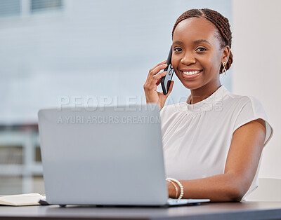 Buy stock photo Black woman, portrait and phone call for laptop networking in office, contact and app for talking. Female person, speaking and career offer or opportunity, online and b2b planning or consulting