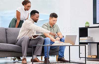 Buy stock photo Planning, research and coworking business people pointing to laptop and reading info online for strategy. Help, teamwork and cooperation on project with analysis of data, report or review in office
