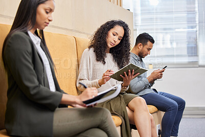 Buy stock photo People, reading and queue in waiting room for interview, recruitment or cv documents to prepare for job. Group, men or women with tech in office, talent search or opportunity at human resource agency