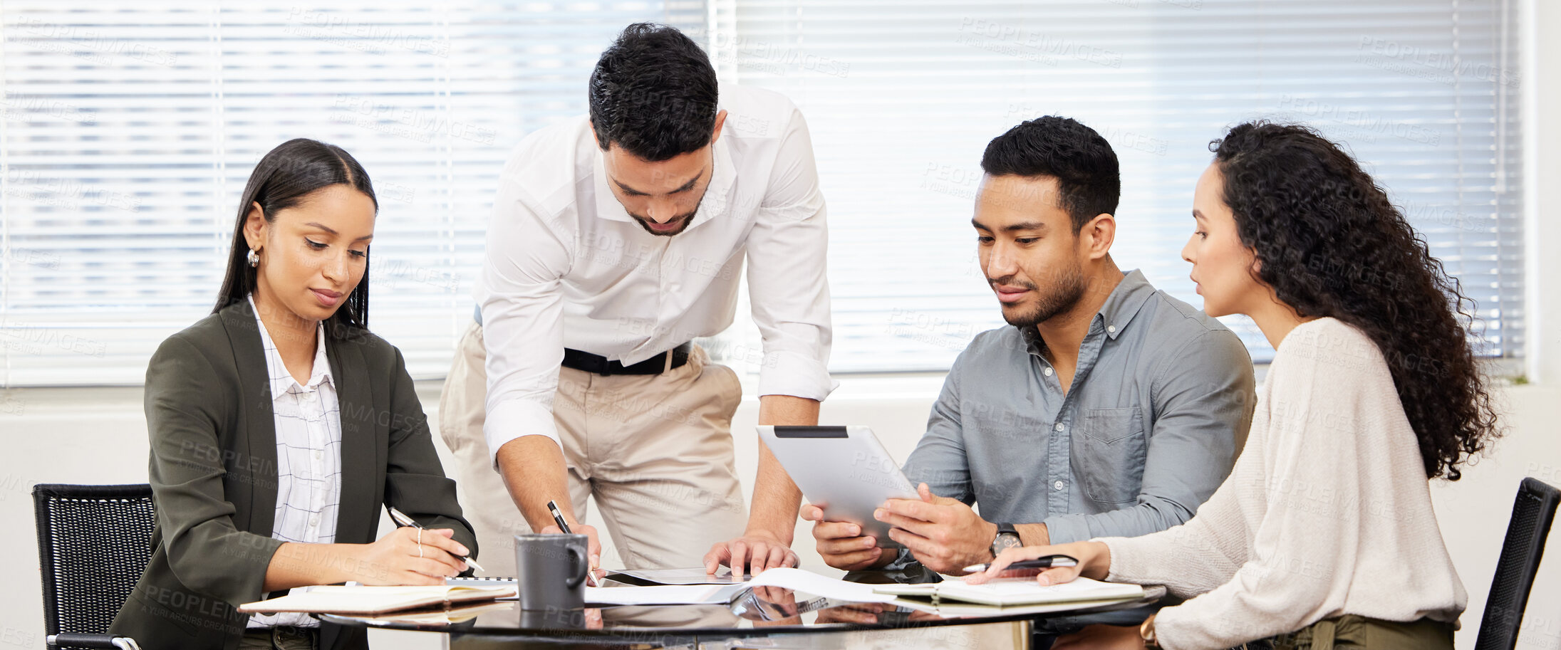 Buy stock photo Business people, meeting and tablet work planning a digital strategy in a workshop with teamwork. Working, employee group and startup management with notes and paperwork in a office with web design