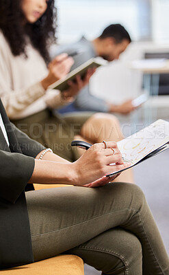 Buy stock photo Hands, woman and writing in waiting room for interview, recruitment and documents to prepare for job. Group, people and notebook in office, hiring test and opportunity at human resources agency