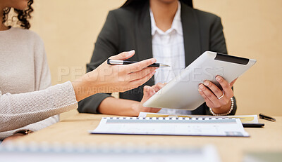 Buy stock photo Tablet, hands and business meeting in office with documents for planning, finance or report review. Digital, search or people with app for investment deal, growth or accounting compliance checklist