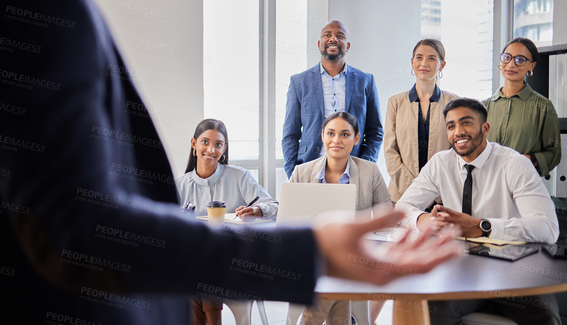 Buy stock photo Speaker, presentation and business people in meeting for planning, conference and workshop. Strategy, leadership and mentor with group of employees in office for collaboration, coaching and training