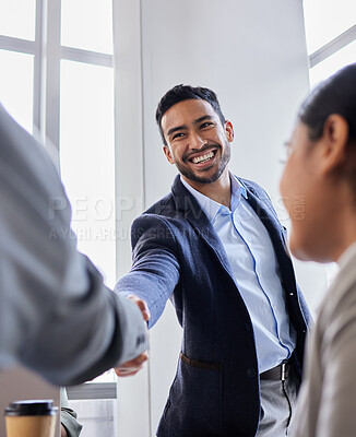 Buy stock photo Meeting, smile and handshake with business people in office, b2b deal or agreement for startup opportunity. Hand shake, partnership and welcome, happy businessman shaking hands for onboarding support