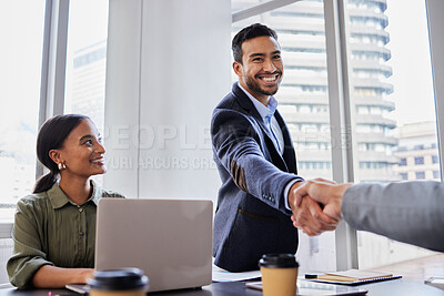 Buy stock photo Business meeting, smile and handshake, people with b2b deal or agreement for startup opportunity in office. Hand shake, partnership and welcome, happy businessman shaking hands for onboarding support