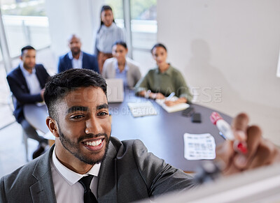 Buy stock photo Business meeting, man and presentation with office team for creative, planning or solution discussion. Leadership, writing or group of people with support for manager with storyboard, notes or vision