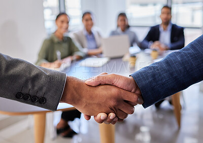 Buy stock photo Meeting, b2b and shaking hands with business people in office for deal, agreement or startup opportunity. Hand shake, partnership and welcome, businessman shaking hands for onboarding or networking.