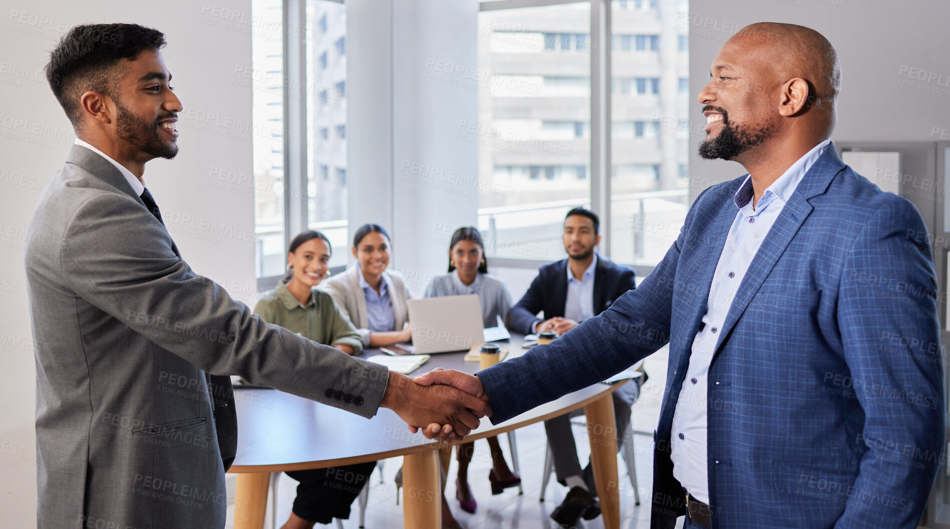 Buy stock photo Meeting, smile and hand shake with businessmen in office, b2b deal or agreement for startup opportunity. Handshake, partnership and welcome, happy man shaking hands with boss and onboarding with team