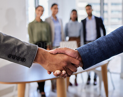 Buy stock photo B2b meeting, shaking hands and business people in office for deal, agreement or startup opportunity. Hand shake, partnership and welcome, businessman shaking hands with boss for onboarding support.