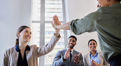 Buy stock photo Happy business people, high five and applause for success, teamwork and winning partnership, cooperation and collaboration. Excited employees, celebration and smile for goals, achievement and target