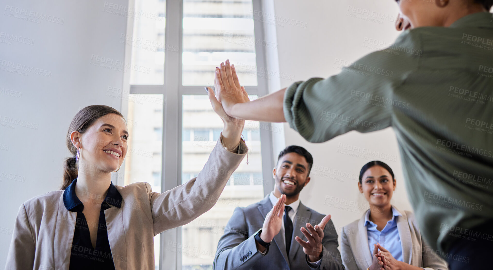 Buy stock photo Happy business people, high five and applause for success, teamwork and winning partnership, cooperation and collaboration. Excited employees, celebration and smile for goals, achievement and target