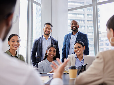 Buy stock photo Meeting, business and proposal, hand of speaker with audience in office for planning and strategy discussion. Businessman, ceo or startup boss, team building and workshop with feedback in workplace.