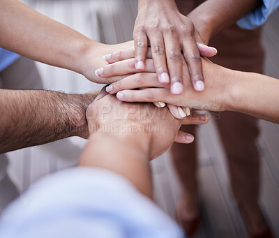 Buy stock photo Team building, hands and people in solidarity, collaboration and circle of trust for motivation. Closeup, community and helping hand of group, support and target for success, mission and partnership