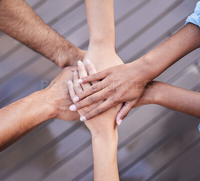 Buy stock photo Top view of teamwork, hands and people in circle, support and collaboration of trust, motivation or success. Closeup, community and helping hand of group for goals, mission and partnership in synergy