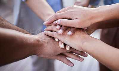 Buy stock photo Teamwork, hands and people in collaboration, support and circle of trust for motivation together. Closeup, community and helping hand of group, volunteers and goals for success, mission and synergy