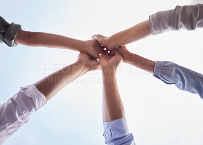 Buy stock photo Team building, hands and people high five in collaboration, support and circle of trust for motivation from below. Closeup, group and helping hand for success, mission and celebration of cooperation