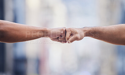 Buy stock photo Closeup, people and hands in fist bump of success, winning and power of teamwork, respect or pride. Friends, hand and emoji of collaboration, motivation and celebrate solidarity, trust or cooperation