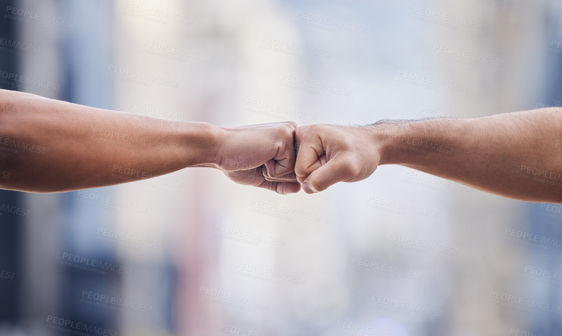 Buy stock photo Closeup, people and hands in fist bump of success, winning and power of teamwork, respect or pride. Friends, hand and emoji of collaboration, motivation and celebrate solidarity, trust or cooperation