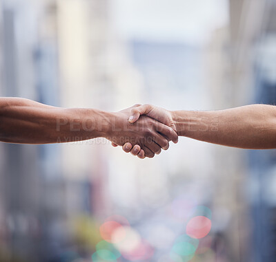 Buy stock photo Closeup, handshake and people meeting outdoor for introduction, agreement and support of deal, partnership or welcome. Thank you, greeting and shaking hands for hello, networking and trust of success
