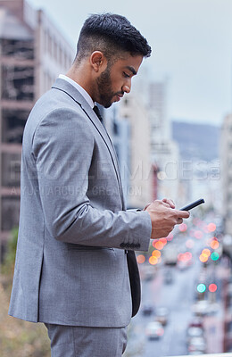 Buy stock photo Phone, search or businessman in city for travel, chat or online map guide for location tracking. Smartphone, app or entrepreneur in New York for job opportunity or web communication for taxi service