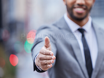 Buy stock photo Business, man and handshake offer in city for partnership deal, welcome or pov job interview meeting. Thank you, hello or entrepreneur with shaking hands gesture in London for recruitment opportunity
