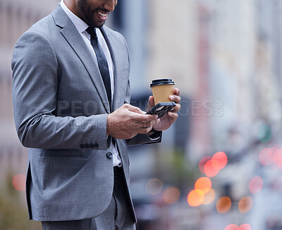 Buy stock photo Phone, search or businessman with coffee in city for travel, chat or b2b client communication. Smartphone, app or entrepreneur in New York for job opportunity, immigration or social media scroll
