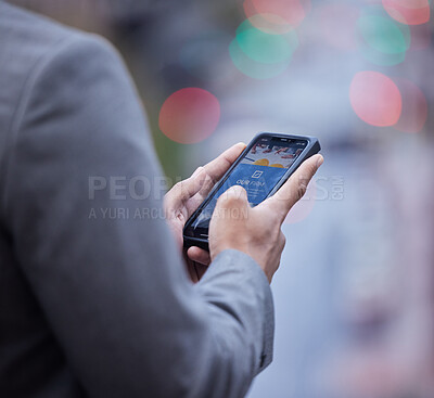 Buy stock photo Phone screen, website and hands of business man in city for search, social media or networking. Technology, internet and communication with closeup of male employee for mobile, contact and connection