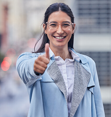 Buy stock photo Happy, thumbs up and portrait of woman in city, street or worker thank you for business onboarding. Hand, sign and we are hiring in urban, town or commute to office with positive mindset or agreement