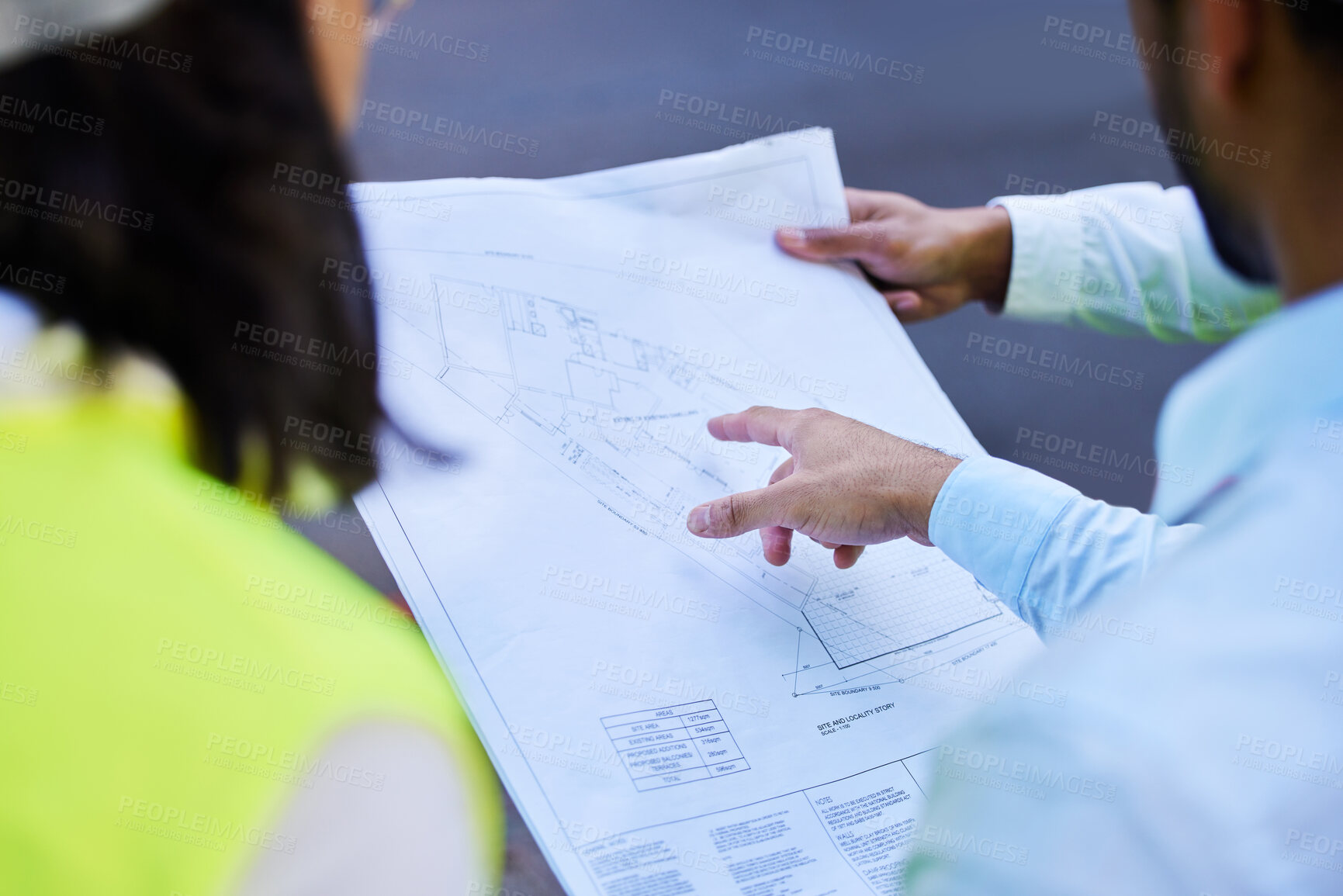 Buy stock photo People, meeting and blueprint in hands for construction planning and project management logistics. Architecture, discussion and team collaboration on home renovation or building strategy and safety