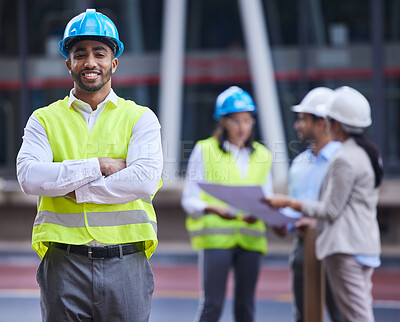 Buy stock photo Construction, civil engineering and portrait of happy man with arms crossed for building, site planning and team inspection. Male architect, contractor and project management for property development