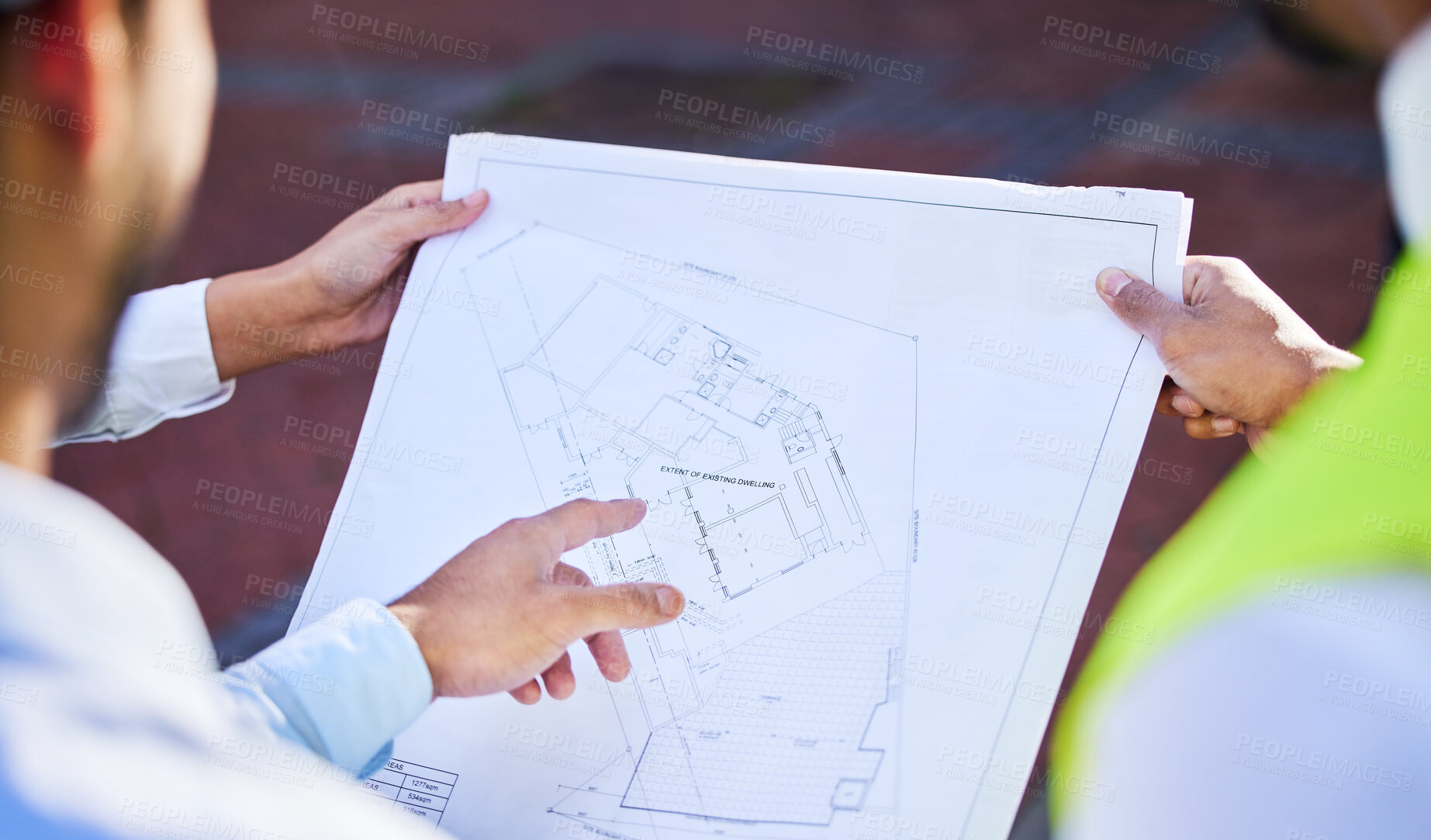 Buy stock photo Construction, people and meeting with blueprint in hands planning and project management logistics. Architecture, discussion and collaboration on home renovation or building strategy or floor plan