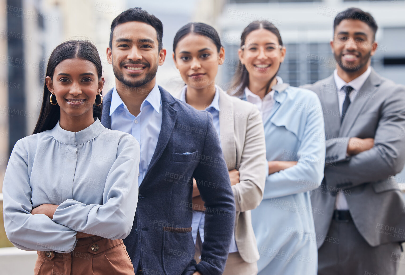 Buy stock photo Happy, portrait and team of business people with solidarity, diversity or about us at startup. Friends, smile and coworking group of employees at company with professional support or collaboration