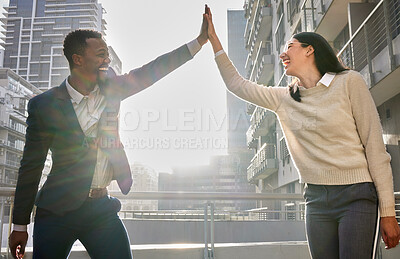 Buy stock photo Business, success and people high five in city with support of achievement in partnership. Happy, opportunity and celebration of goals in teamwork, collaboration or synergy in company or startup