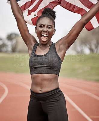 Buy stock photo Shot of a young female athlete celebrating her win while running with a flag